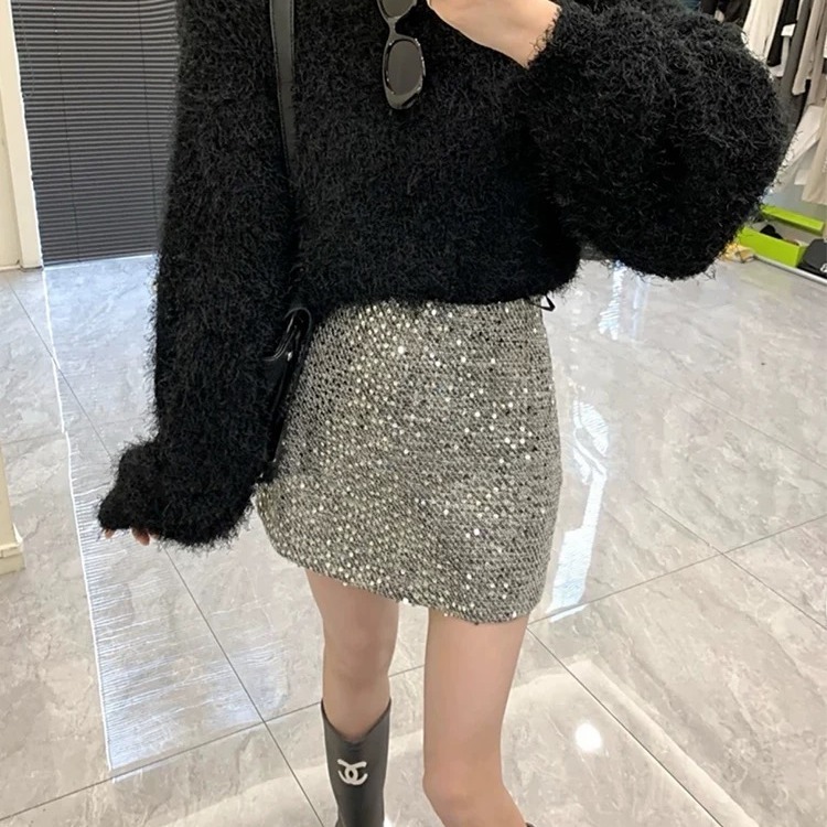 Beaded Mini Skirt Elegant Grey High Waisted Tweed 3 Beaded Mini Skirt Elegant Grey High Waisted Tweed - Image 3