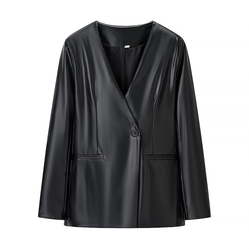 Women's Long-sleeved V-neck Leather Jacket 7 Women's Long-sleeved V-neck Leather Jacket - Image 7