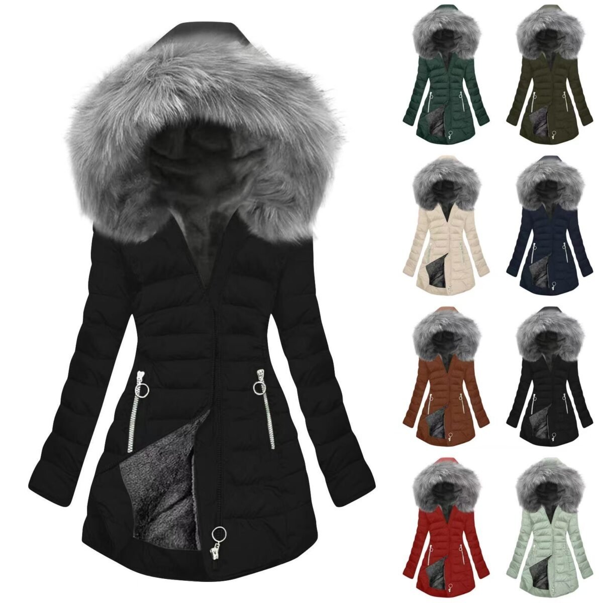Summer Collection — Women's Thick Cotton Coat With A Large Fur Collar