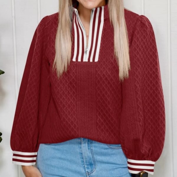 Men's Edit — Quarter Zip Knit Jumper Red Textured Striped Patchwork Top