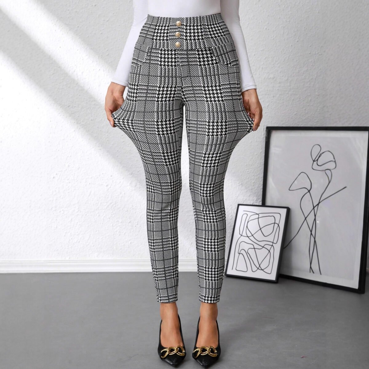Men's Edit — Plaid High Waisted Trousers Check Print Slim Fit Knit Pants