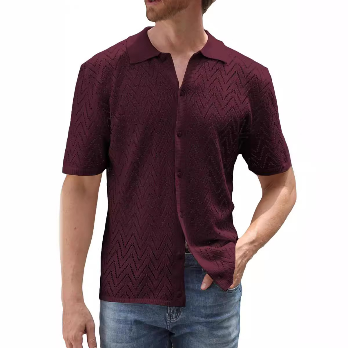 Men's Crochet Shirt Hollow Out Leisure Summer Top 3 Men's Crochet Shirt Hollow Out Leisure Summer Top - Image 3