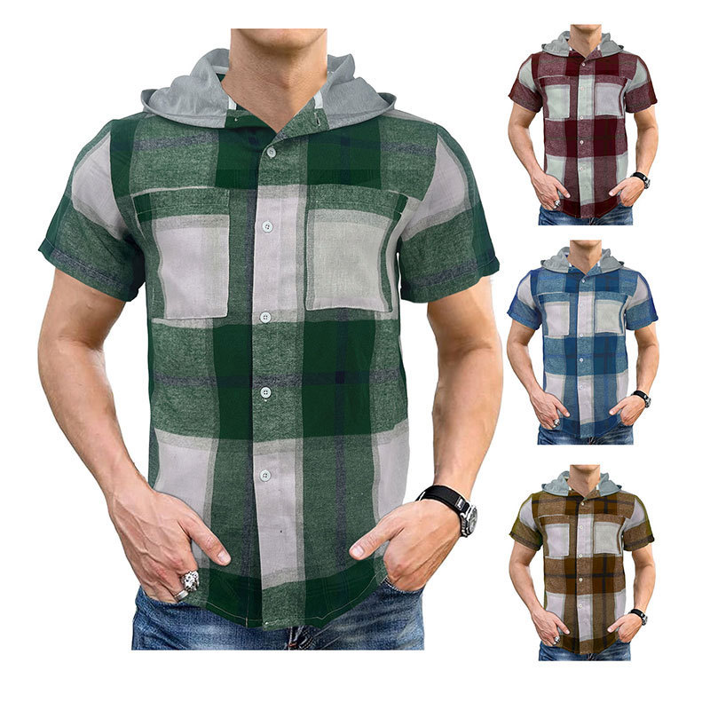 Hooded Plaid Shirt Men's Short Sleeve Casual Business Top 2 Hooded Plaid Shirt Men's Short Sleeve Casual Business Top - Image 2