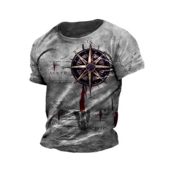 Men's Vintage Nautical Map Compass Printed T-shirt 7 Men's Vintage Nautical Map Compass Printed T-shirt - Image 7