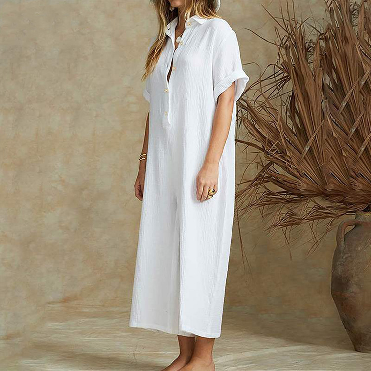 Short Sleeve Rompers Casual Loose White Long Jumpsuit 8 Short Sleeve Rompers Casual Loose White Long Jumpsuit - Image 8