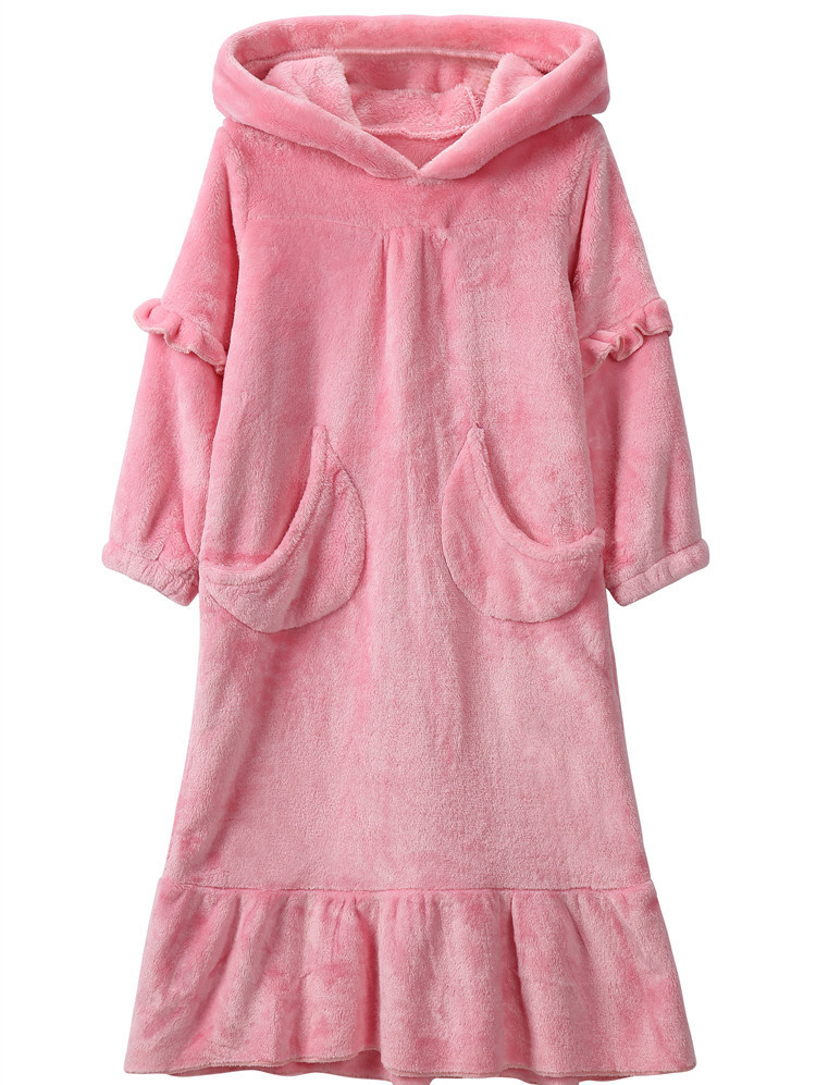 Warm Coral Fleece Double Sided Girls Long Moon Pocket Hooded Nightdress 5 Warm Coral Fleece Double Sided Girls Long Moon Pocket Hooded Nightdress - Image 5