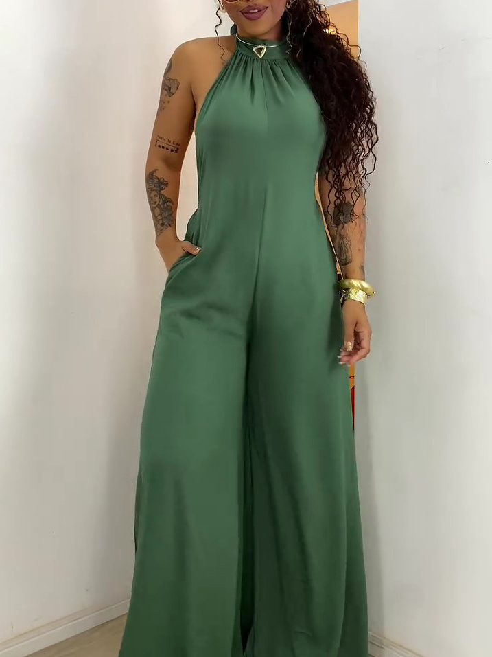 Halter Neck Jumpsuit Backless Green Wide Leg Sexy Romper 1 Halter Neck Jumpsuit