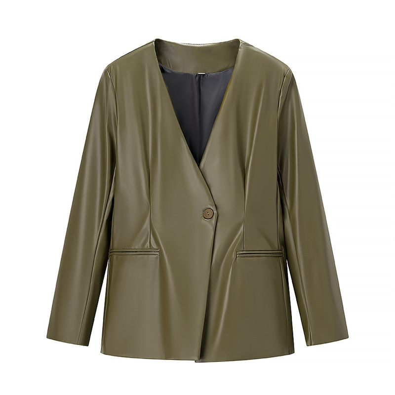 Women's Long-sleeved V-neck Leather Jacket 5 Women's Long-sleeved V-neck Leather Jacket - Image 5