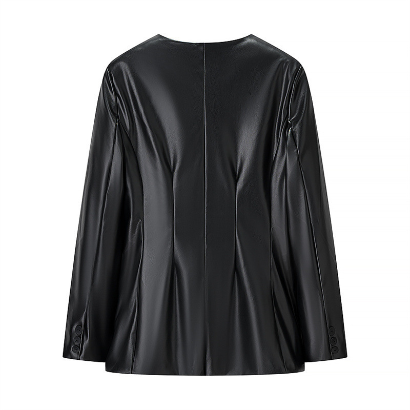 Women's Long-sleeved V-neck Leather Jacket 4 Women's Long-sleeved V-neck Leather Jacket - Image 4