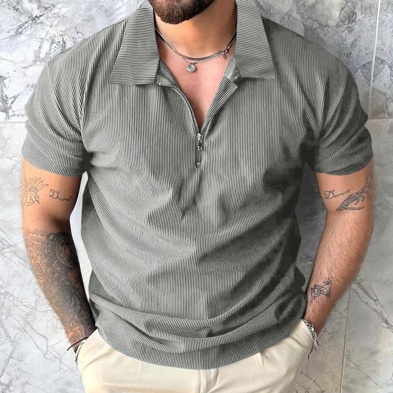 Solid Color Short Sleeve Men's Zipper Polo Shirt 3 Solid Color Short Sleeve Men's Zipper Polo Shirt - Image 3