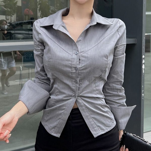 Summer Collection — Elegant Gray Design Shirt With Long Sleeves A Turn-down Collar And A Side Slit