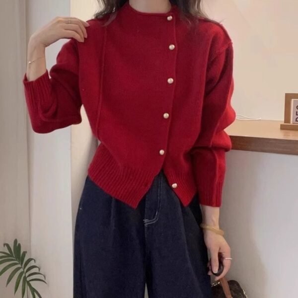 Summer Collection — Red Asymmetric Sweater Elegant Pearl Button Mock Neck Top