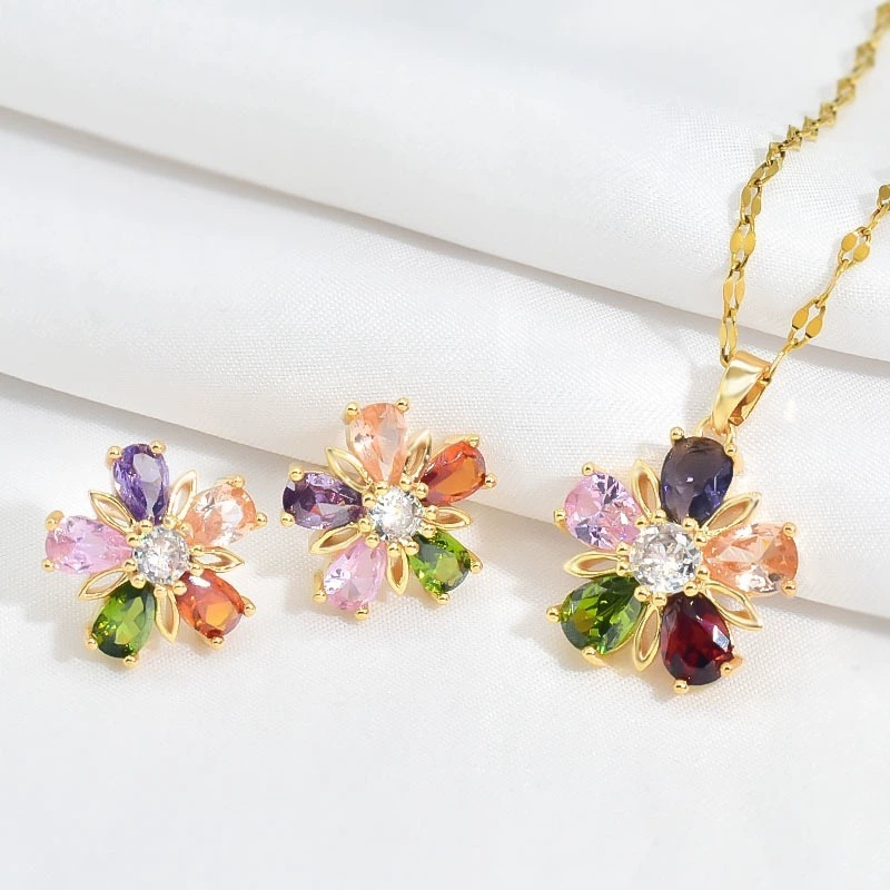 Gold Colorful Crystals Five-petal Flower Ear Stud Necklace Women 8 Gold Colorful Crystals Five-petal Flower Ear Stud Necklace Women - Image 8
