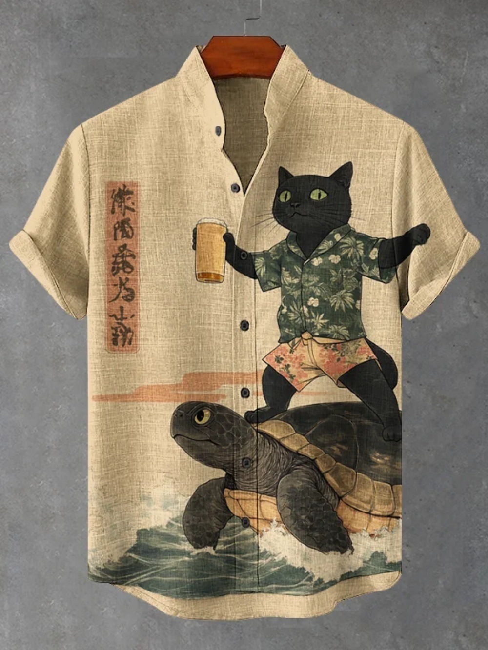 Linen Shirt Men's Japanese Cat Graphic Button Down 6 Linen Shirt Men's Japanese Cat Graphic Button Down - Image 6