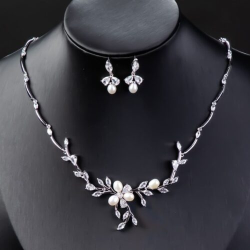 Sweet Pearl Zircon Ear Stud Necklace Jewelry Suit