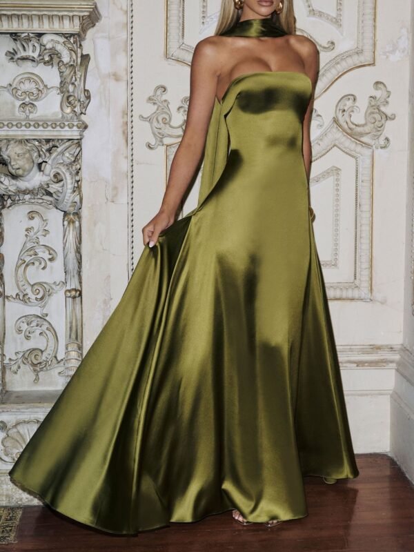 The Resort Edit — Guest Dress Morven Olive Satin Maxi Gown