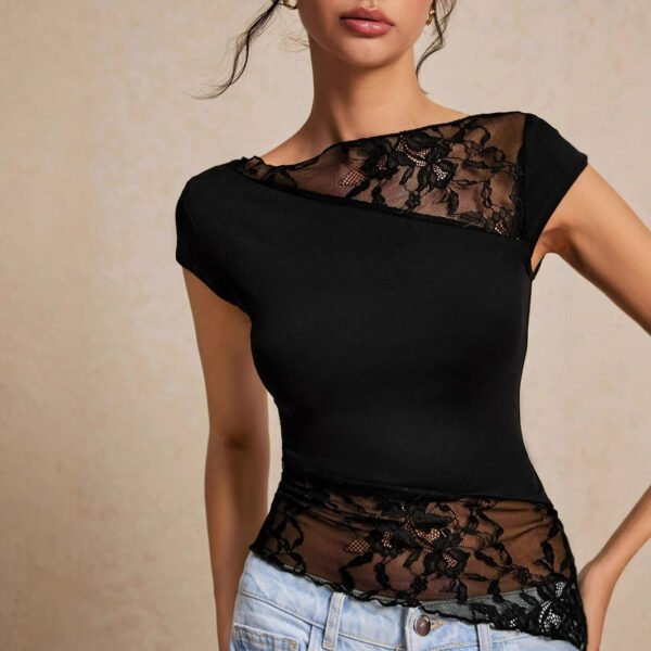 Summer Collection — Mesh Top Women Lace Paneled Short Sleeve Slim Sheer Top