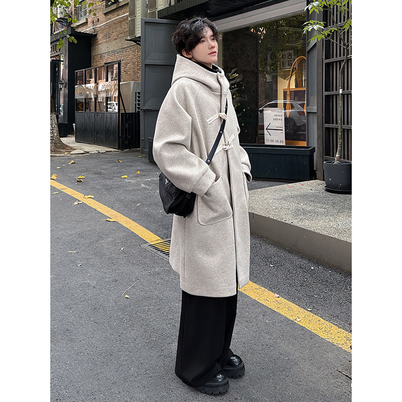 Hooded Coat Horn Button Mid-Length Woolen Overcoat 2 Hooded Coat Horn Button Mid-Length Woolen Overcoat - Image 2