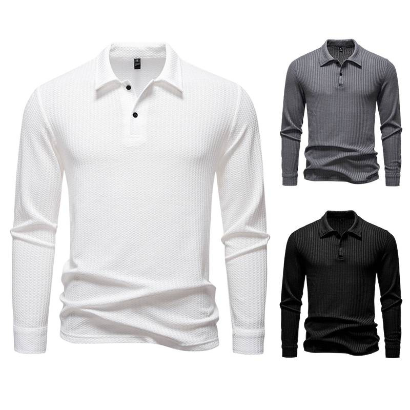 Polo Shirt Waffle-knit Long-sleeve Slim-fit Casual Top 3 Polo Shirt Waffle-knit Long-sleeve Slim-fit Casual Top - Image 3