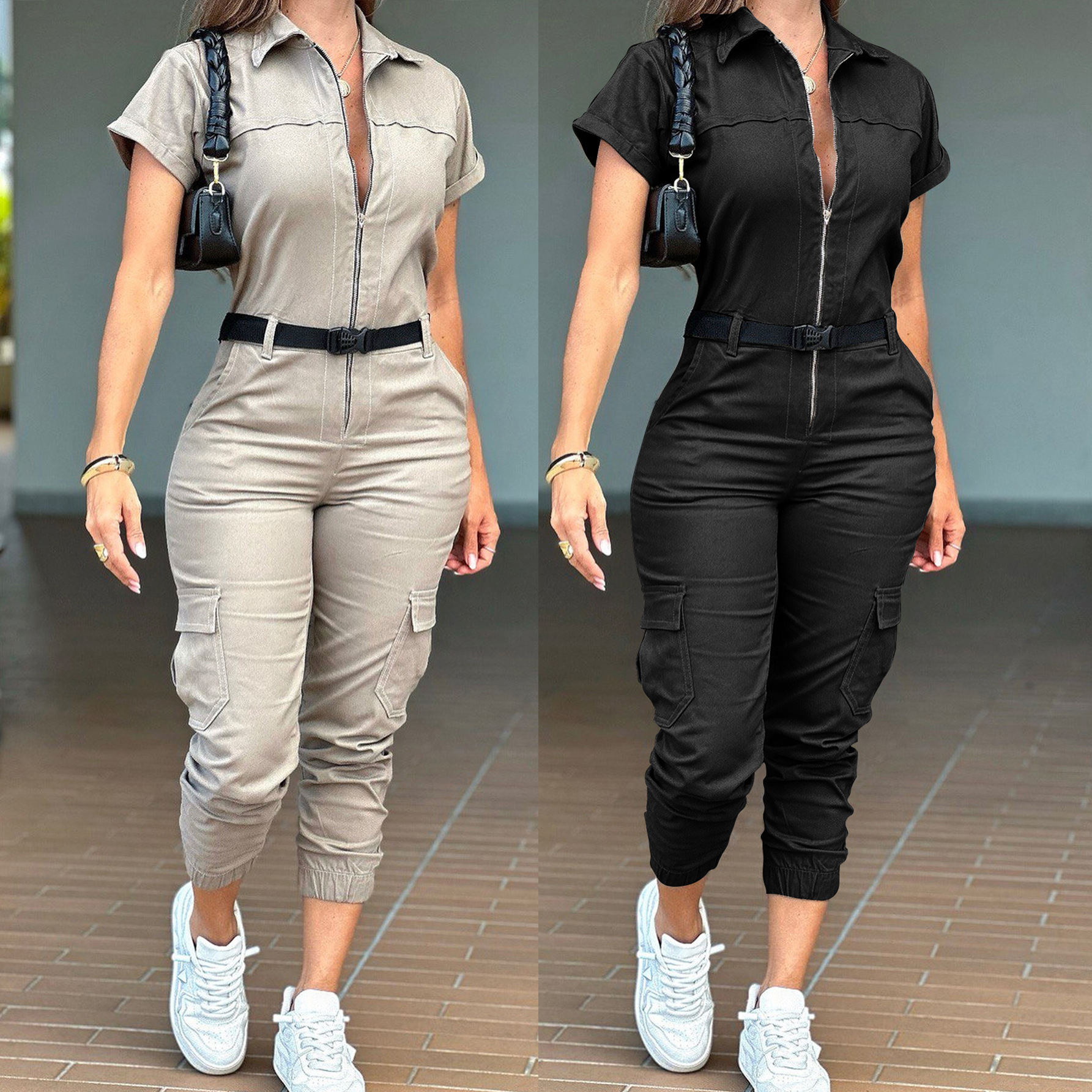 Cargo Jumpsuit Utility Workwear V-Neck Zipper Slim Playsuit 1 Cargo Jumpsuit
