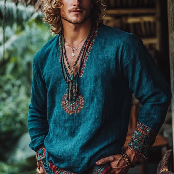 Men's Edit — Long Sleeve Top Boho Ethnic Embroidered Linen Tunic