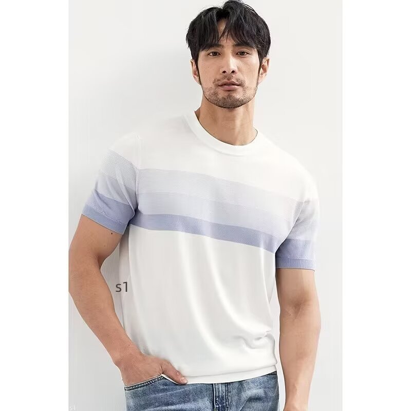 Summer New Light Mature Short Sleeve Knitted Sweater Men Gradient Color Block Stripe 6 Summer New Light Mature Short Sleeve Knitted Sweater Men Gradient Color Block Stripe - Image 6