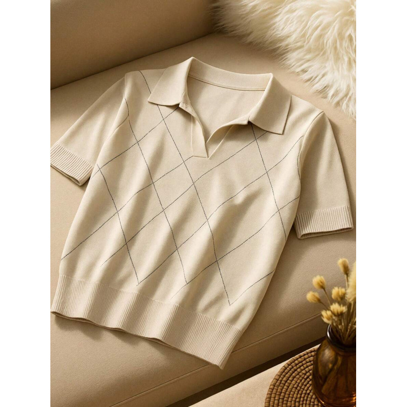 Women's Polo Shirt Diamond Knit Short Sleeve Pullover Top 9 Women's Polo Shirt Diamond Knit Short Sleeve Pullover Top - Image 9