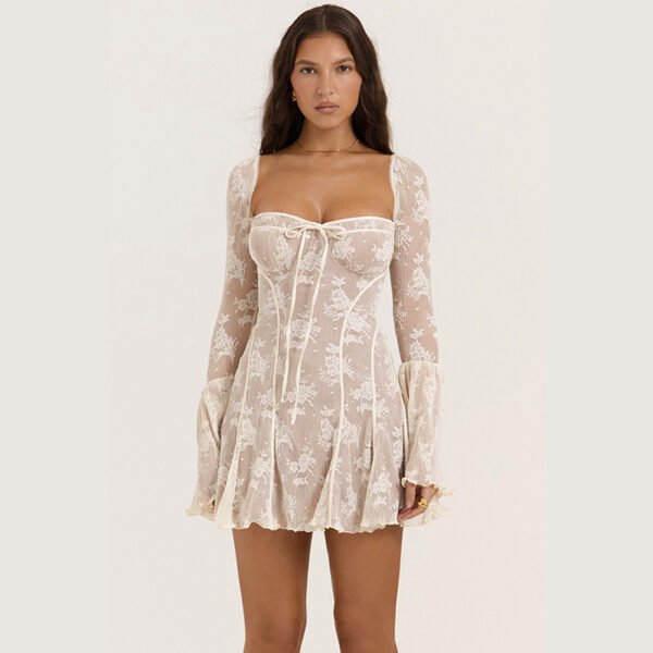Lace Square Collar Dress Bell-bottom Long Sleeve Tied A- Line Dresses Womens Clothing | Regal Wear