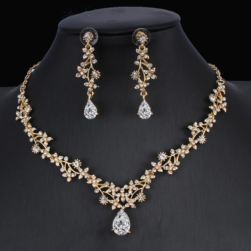 Golden Zircon Jewelry Set Bridal Necklace Earrings Wedding Two-piece Set | Regal Wear