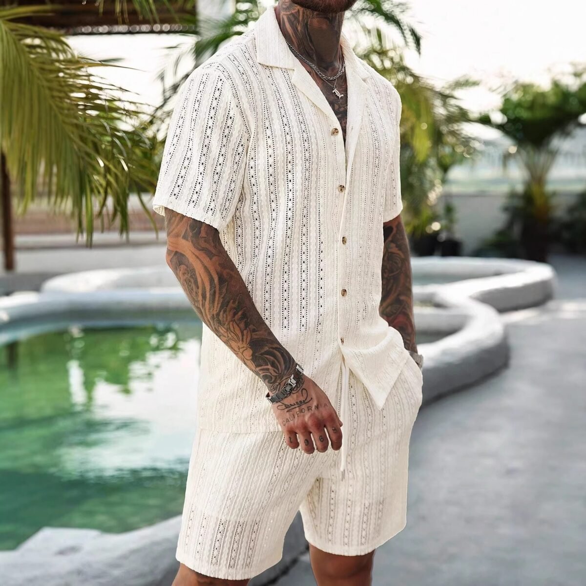 Men's Edit — Mens Hollow-Out Breathable Short-Sleeve Shirt And Shorts Set