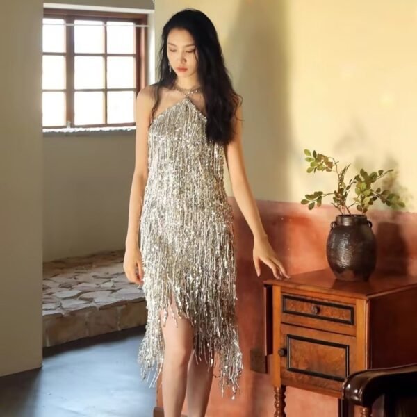 The Resort Edit — Silver Sequin Fringe Halter Dress | Regal Wear