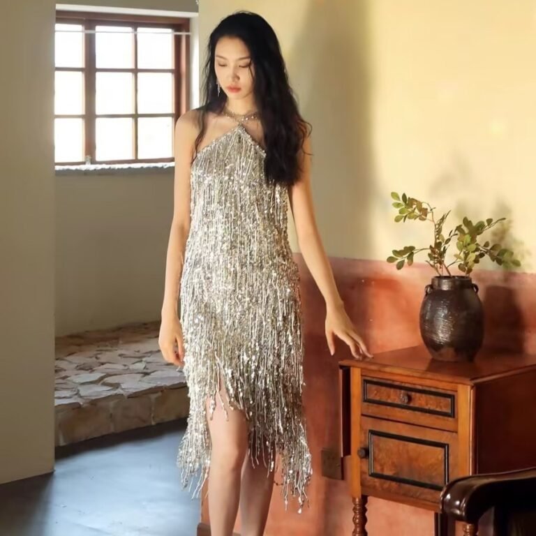 silver sequin dress women — Silver Sequin Fringe Halter Dress | Regal Wear EU