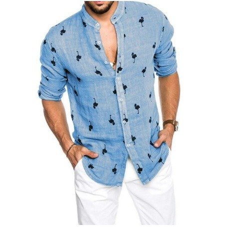 Men's Edit — Men's Blue Flamingo Print Linen Shirt | The Linen Atelier