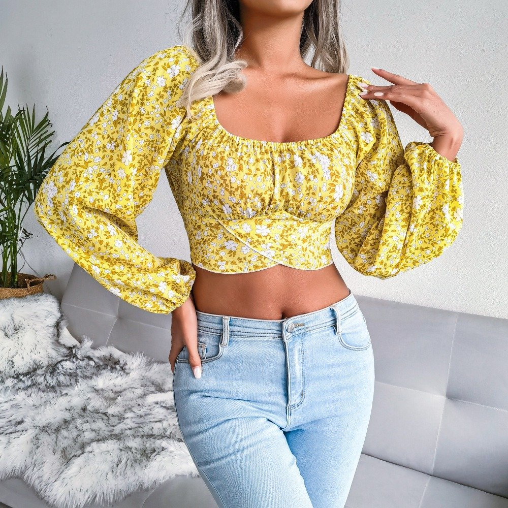Summer Collection — Women  Lantern Sleeve Bow Floral Print Vacation Style Chiffon Crop Top