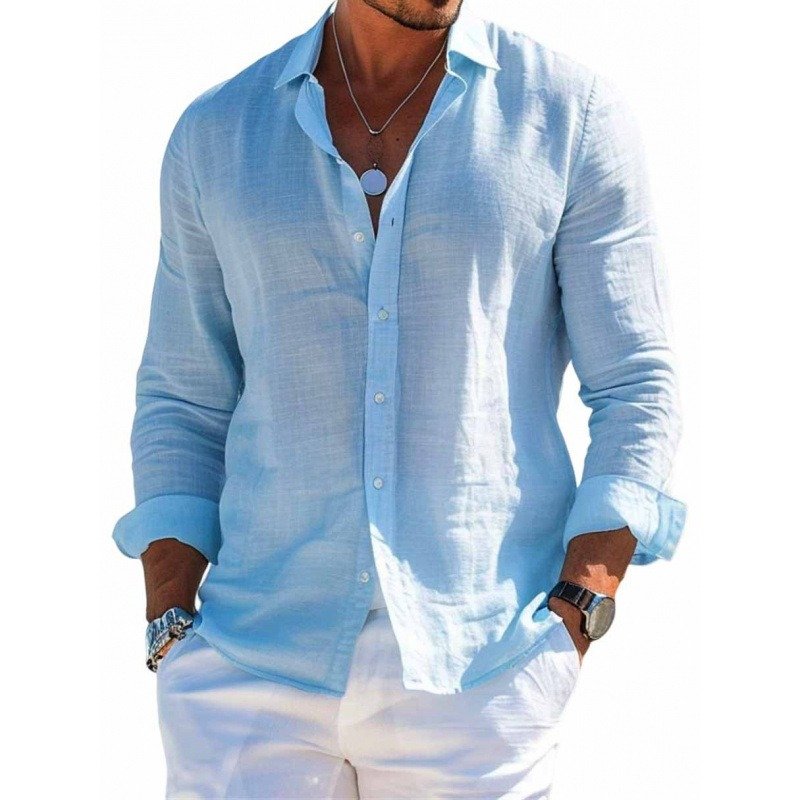 Men's Edit — Long Sleeve Shirt : Loose Fit Lapel Button Top Plus Size Blouse