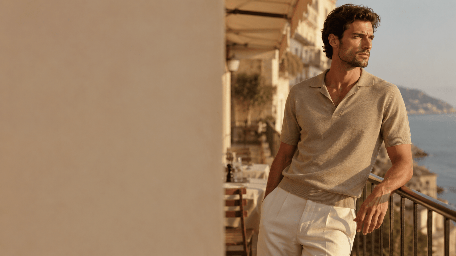 Summer Collection For Women — man in beige summer knit polo on a Mediterranean terrace at golden hour, quiet luxury editorial