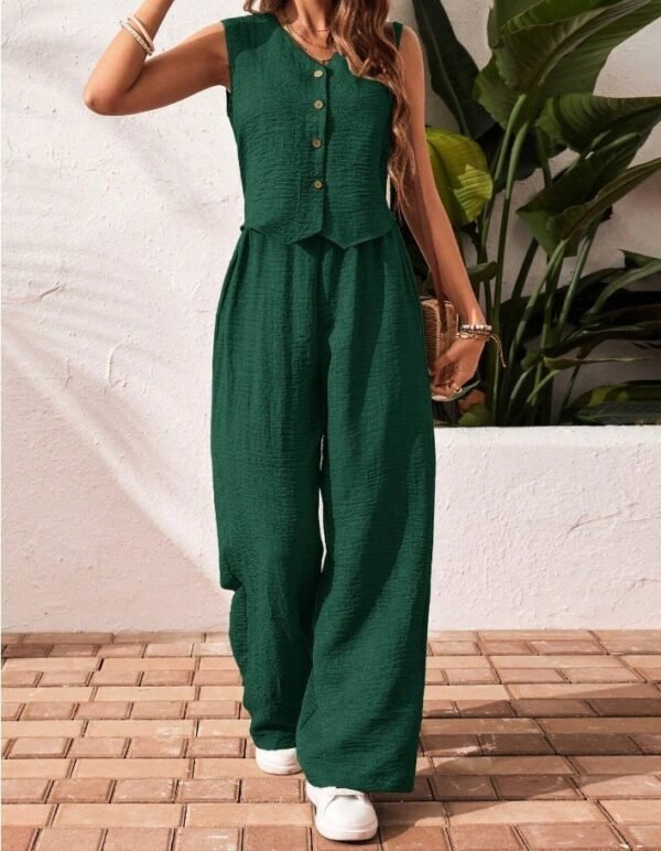 The Resort Edit — Linen V Neck Vest and Wide Leg Pants Set | Regal Wear