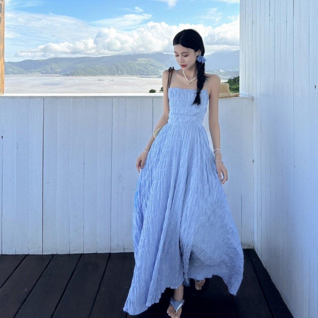 Summer Seaside Waves A Blue Sheer Vacation-style Backless Dress | Regal Wear