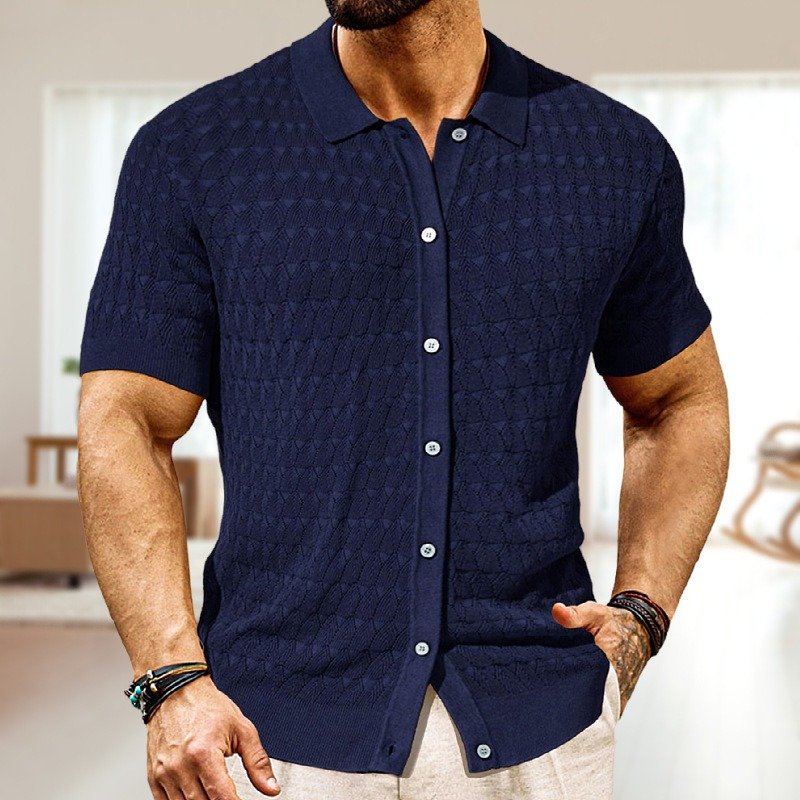 Men's Edit — Men's Navy Textured Knit Polo Shirt | Summer Knitwear