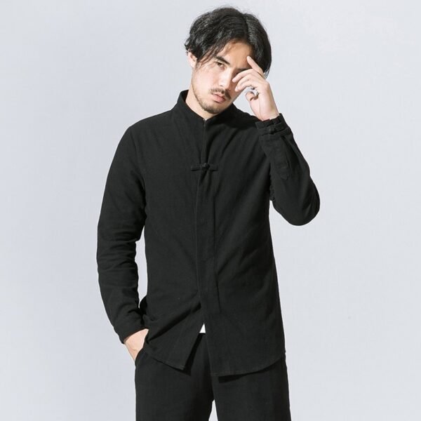 Men's Edit — Men's Black Mandarin Collar Linen Shirt | The Linen Atelier