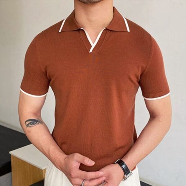 Men's Edit — Men's Brown Knit Polo Shirt with Trim | Summer Knitwear