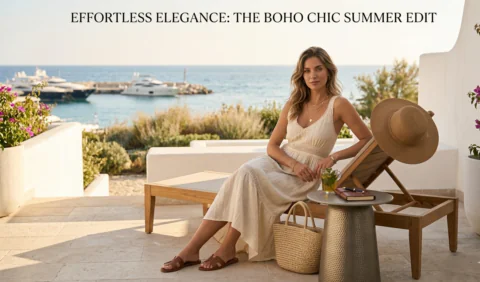 Boho Chic Summer Edit: Effortless Elegance for EU Wardrobes 3 Regal Wear Summer Collection for her - Boho chic elegant linen dress featured on a coastal terrace at golden hour.