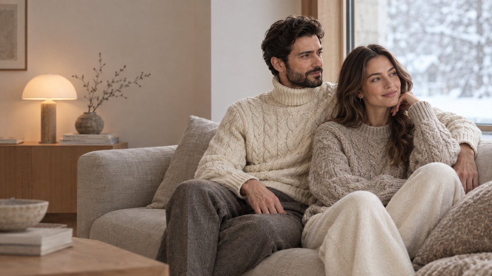 Couple in cream and oatmeal cable-knit sweaters by a snowy window - RegalWear winter knitwear