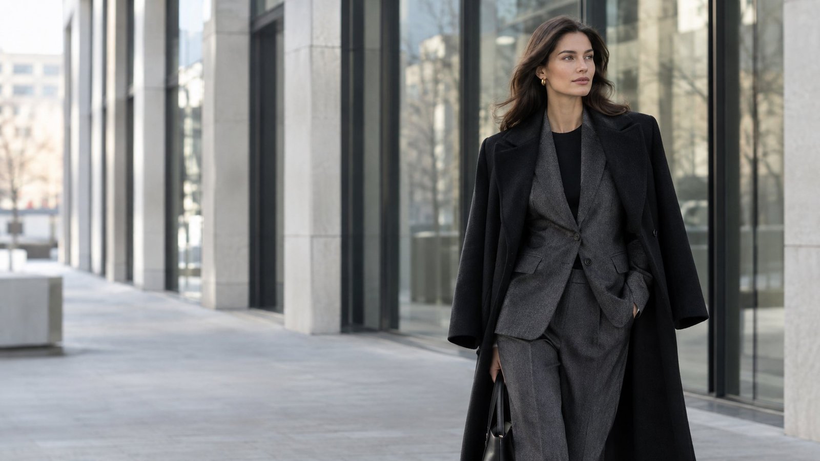 Woman in a charcoal wool suit and long black coat outside a modern office - RegalWear winter tailoring