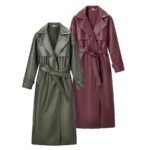 Women's belted faux leather trench coat