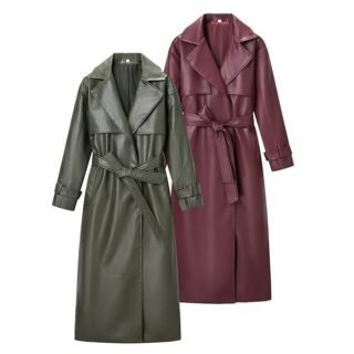Women's Belted Faux Leather Trench Coat