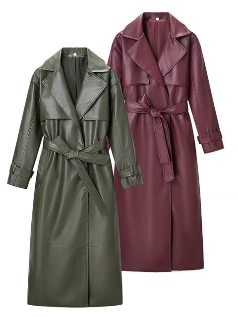 Women's belted faux leather trench coat
