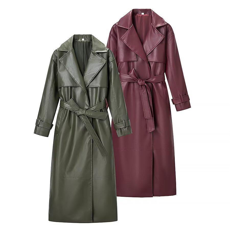 Women's belted faux leather trench coat