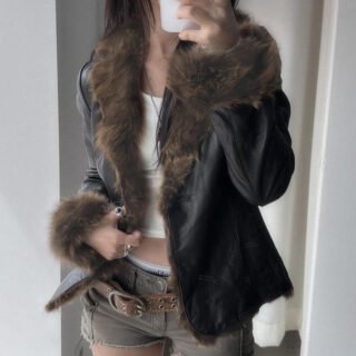 Women's Faux Leather Jacket with Faux Fur Collar