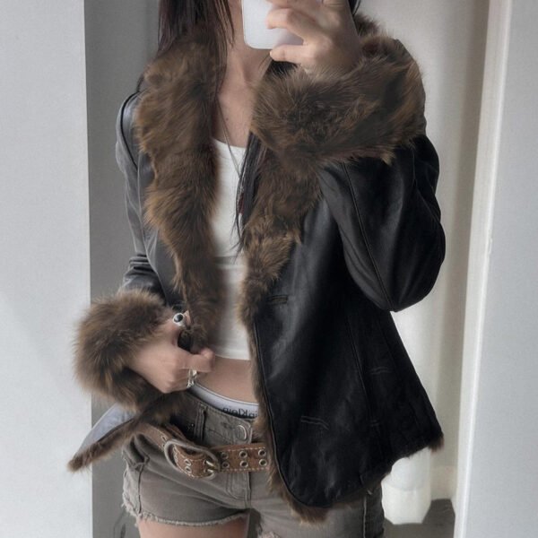 Women's Faux Leather Jacket with Faux Fur Collar